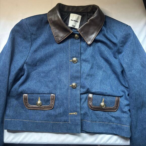 Sandro Denim Jacket with Leather Collar - Picture 5 of 16
